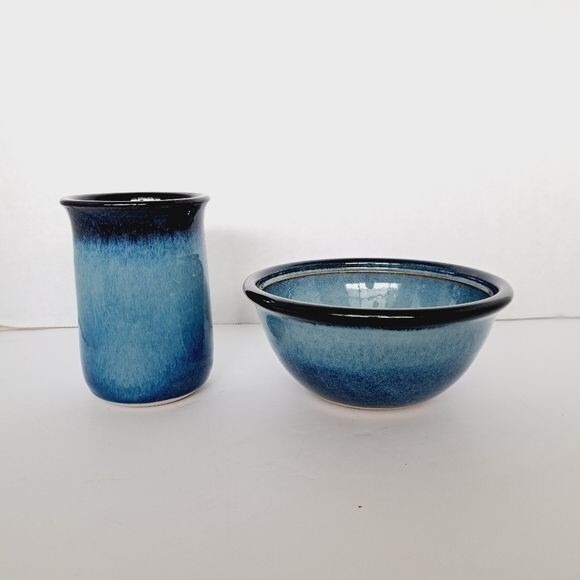 Handmade Other - Handmade Studio Pottery Bowl and Tumbler Set Blue Reactive Glaze Signed Art Wear